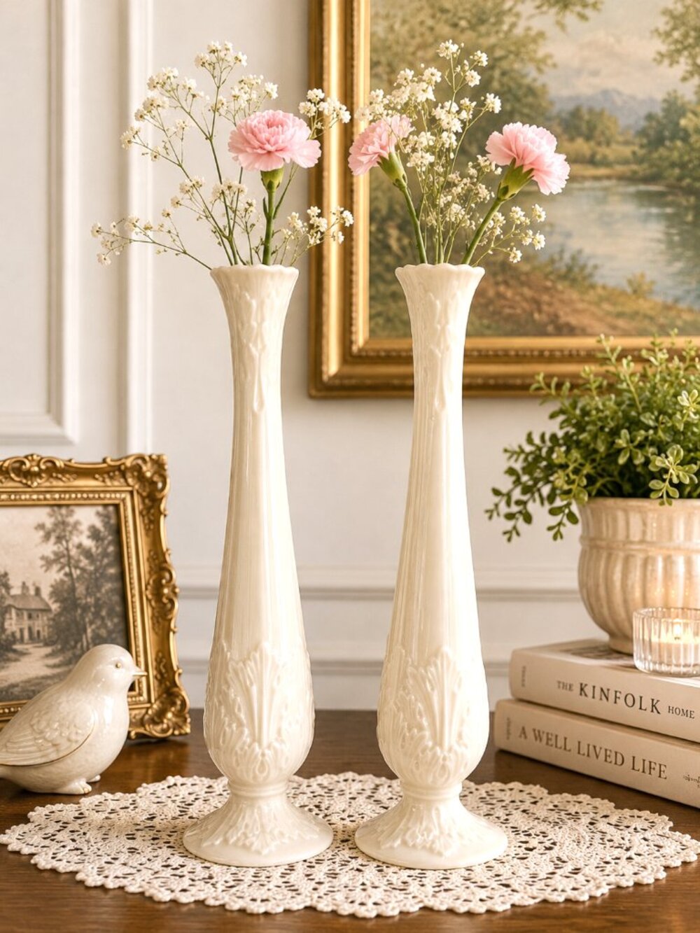 Pair Lenox Ivory Bud Vases Embossed Floral Porcelain Candlestick Style 10.75"